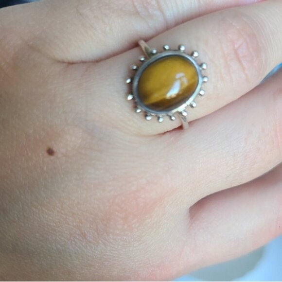 Vintage Boho Sterling Silver Brown Tiger's Eye Gemstone Cabochon Ring 6.5 - Picture 10 of 12